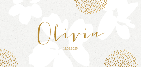 Stijlvol geboortekaartje voor meisje met witte bloemen goudlook