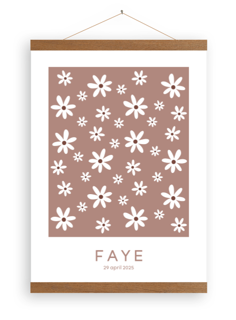 Canvasposter bloemenprint aardetint met houten latjes