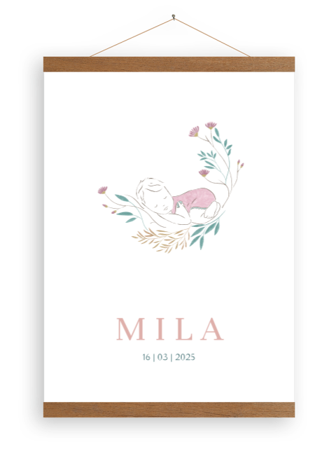Canvasposte meisje met pastelkleuren en bloemen