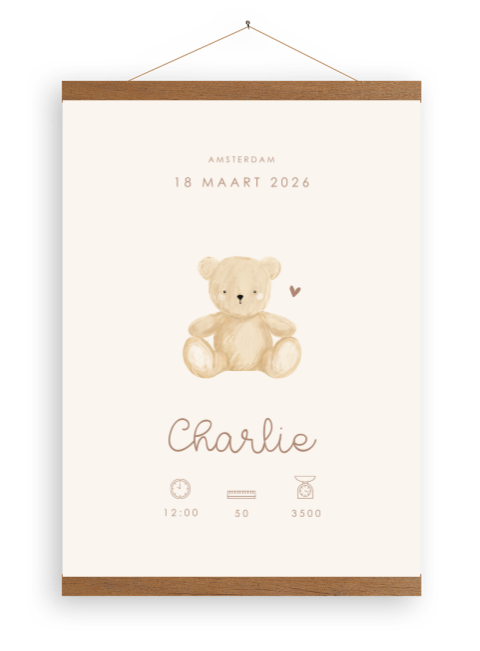 Canvasposter met schattig beertje en geboortegegevens