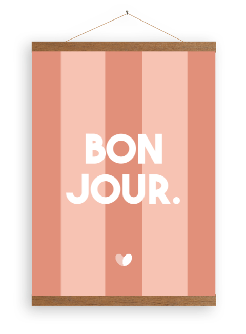 canvasposter met roest/roze strepen en houten latjes