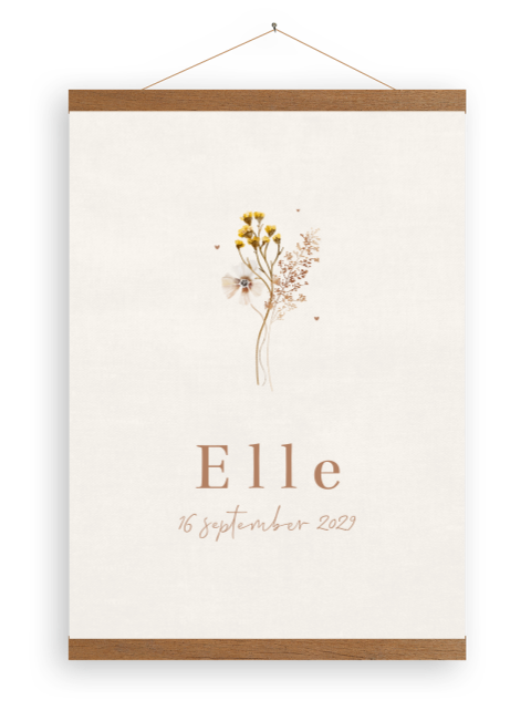 Canvasposter beige met veldbloemen en houten latjes
