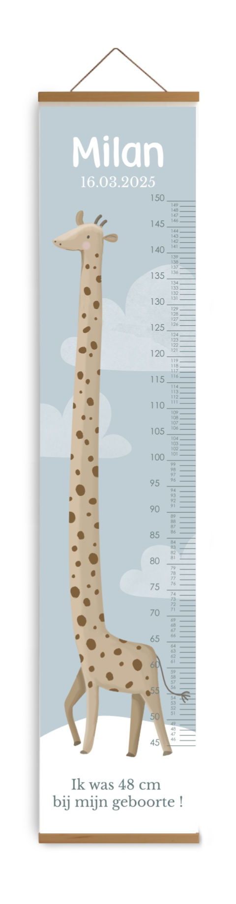 Bewerkbare groeimeter kinderkamer blauw met hippe giraffe