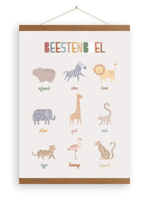 Canvasposter praatplaat beestenboel met houten latjes