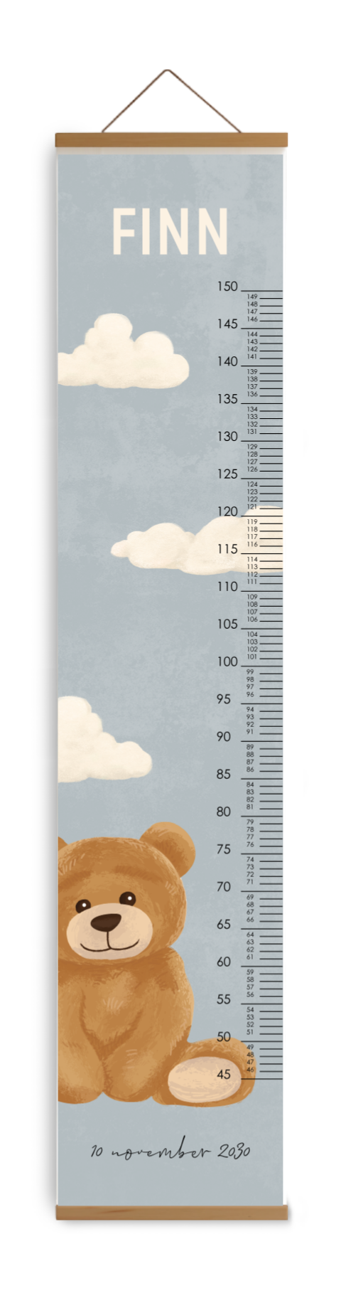 Groeimeter kinderkamer blauw met wolkjes en teddybeer