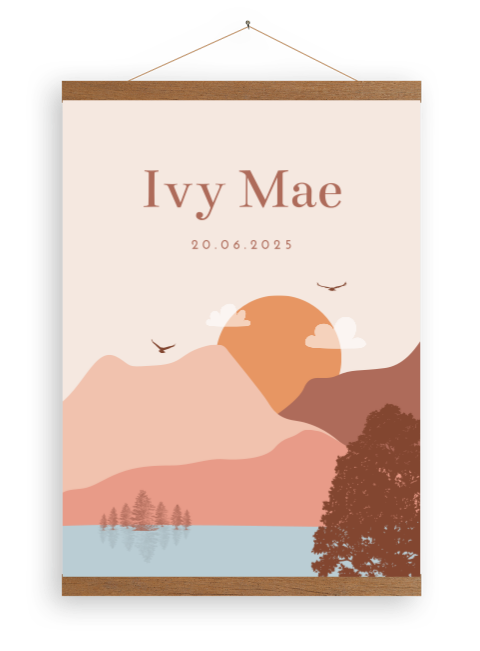 Canvasposter met landschap illustratie en houten latjes