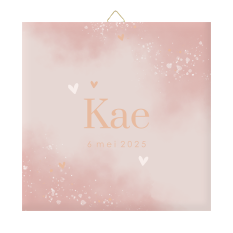 Geboortetegeltje met roze watercolour en hartjes