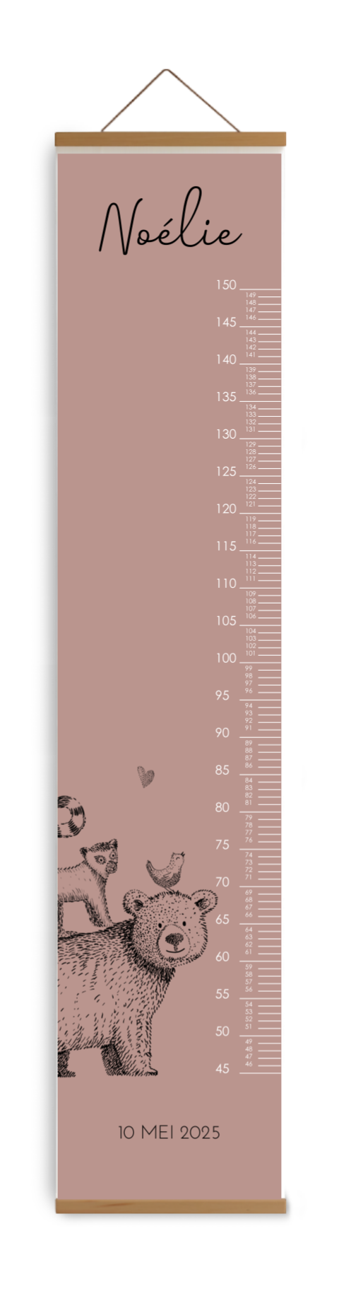 Bewerkbare groeimeter roze met getekende dieren