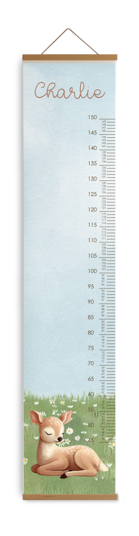 Groeimeter met schattig hertje in het gras en bloemen