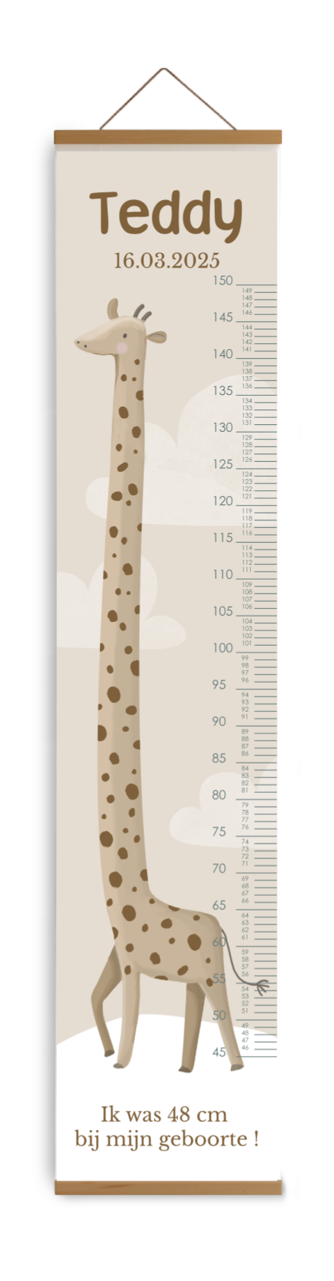 Bewerkbare groeimeter kinderkamer beige met illustratie lieve giraffe