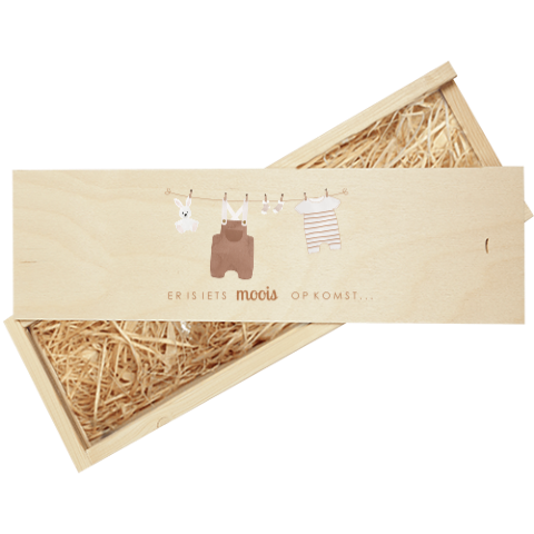 Houten wijnkist met illustratie van waslijn met kleertjes