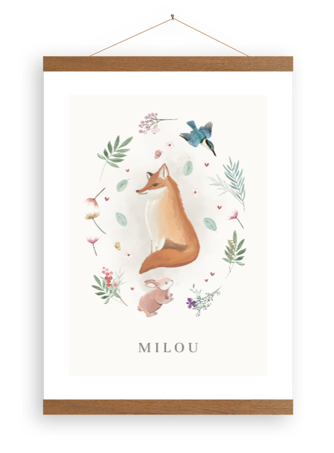 Canvasposter illustratie vosje met houten latjes