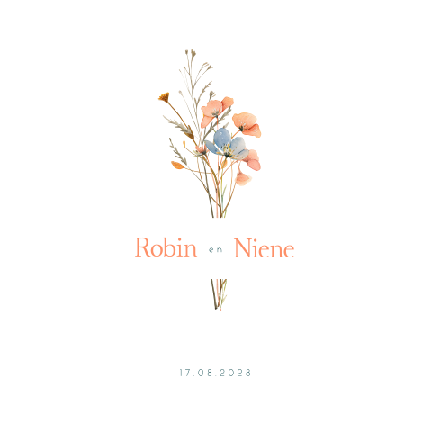 Trouwkaart bloemen boeket blauw koraal rode kleuren