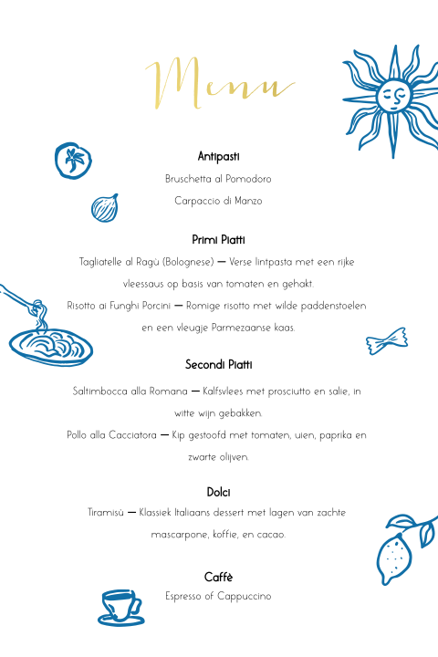 Menukaart Italiaanse bruiloft mediterraans