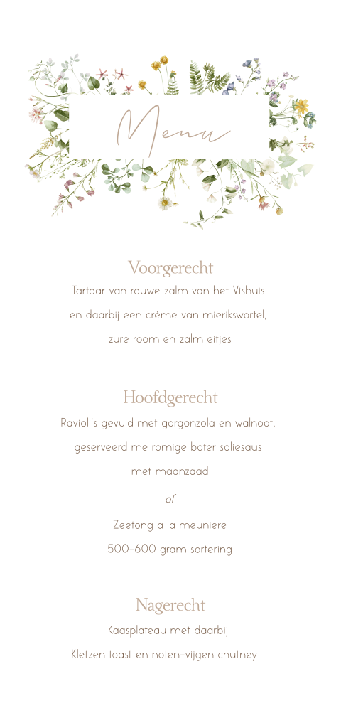 Menukaart en drankenkaart bruiloft botanisch veldbloemen