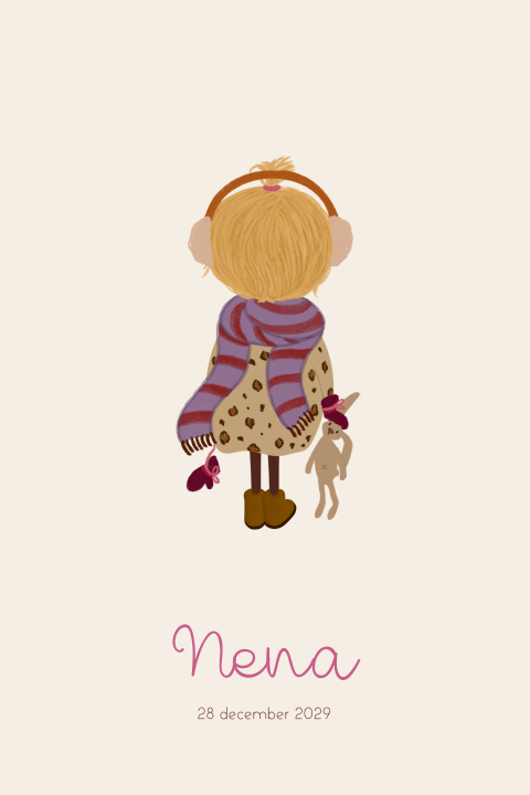 Geboortekaartje winter meisje blond sjaal knuffel konijn