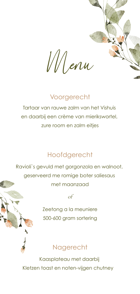 Menukaart en drankenkaart bloemenkrans zalm