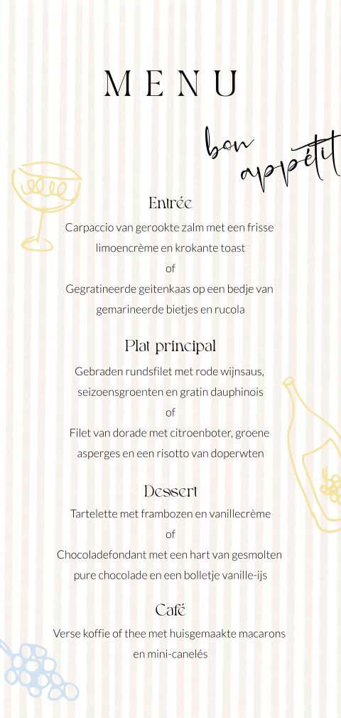 Menukaart bruiloft illustraties wijn