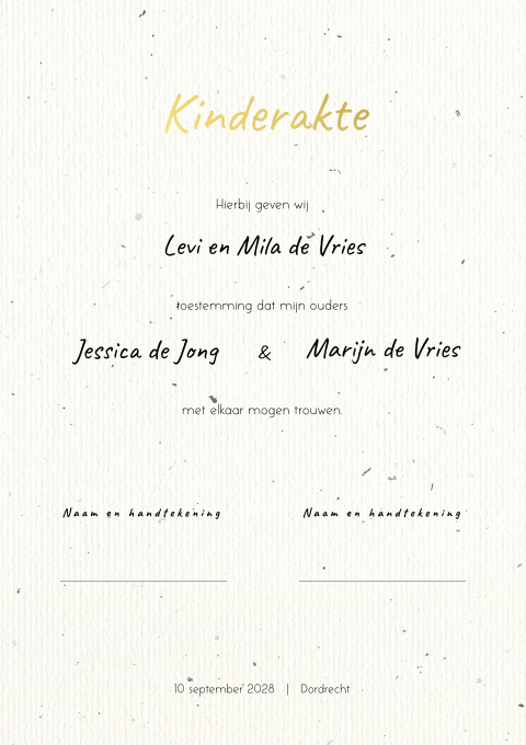 Kinderakte bruiloft handgeschreven lettertype vlekjes achtergrond