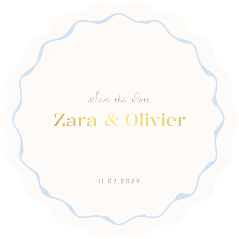 Save the Date kaart golvende rand lichtblauw goudfolie