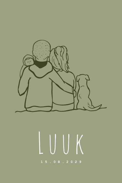 Geboortekaartje lijntekening jongen gezin hond Jack Russell