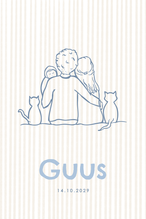 Geboortekaartje jongen lijntekening gezin vader moeder twee katten