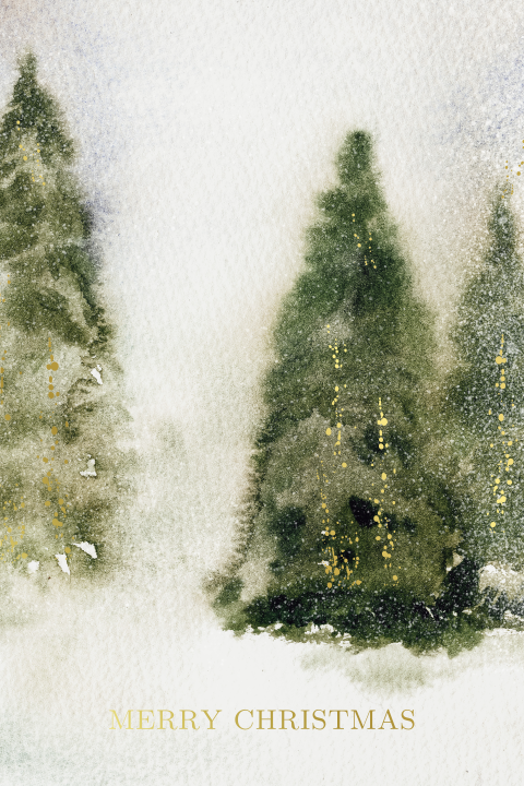 Kerstkaart met dennenbomen en goudfolie