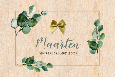 Botanisch geboortekaartje van hout met strikje
