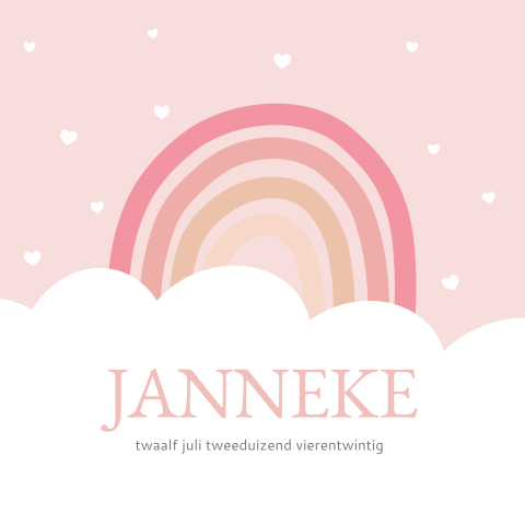 Babykaartje meisje met vrolijk regenboogje en hartjes