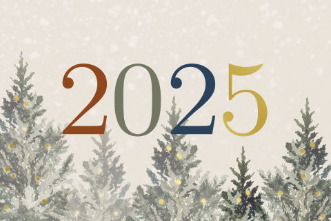 Kerstkaart voor 2025 met kerstboompjes en goudfolie