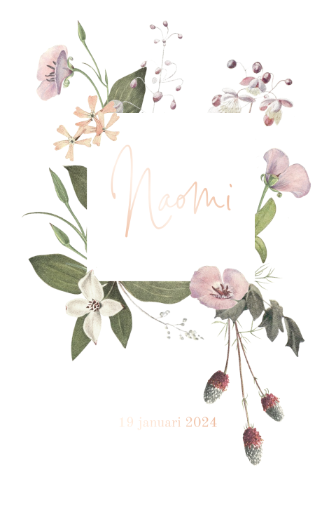 Romantisch geboortekaartje dochter met bloemen en roséfolie