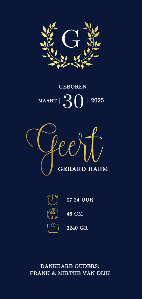 Klassiek babykaartje jongen met kransje in goudfolie