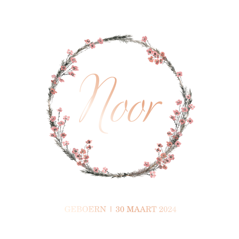 Geboortekaartje meisjes met bloemenkrans en roséfolie