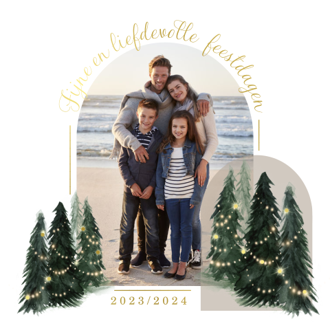 Luxe kerstkaart met foto, kerstboompjes en goudfolie