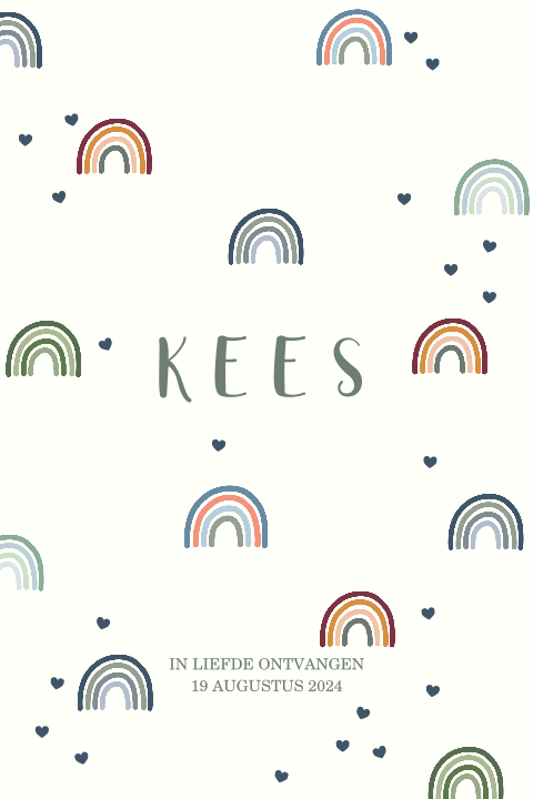 Babykaartje jongen met kleurrijke regenboogjes en hartjes