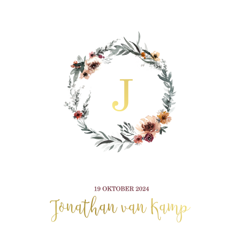 Jongens geboortekaartje met bloemenkrans en goudfolie