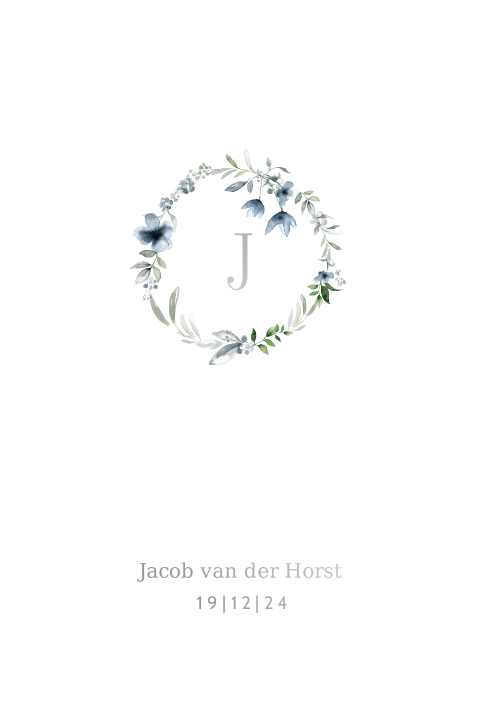 Romantisch geboortekaartje jongen met bloemenkrans en folie