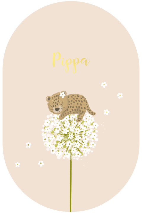 Lief geboortekaartje voor een meisje met pluisbloem en pantertje