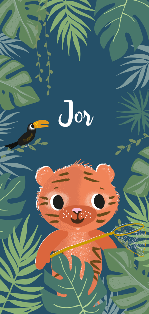 stoer geboortekaartje jongen met tijgertje in de jungle