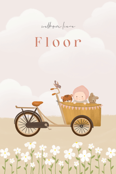 Geboortekaartje met een meisje in een bakfiets