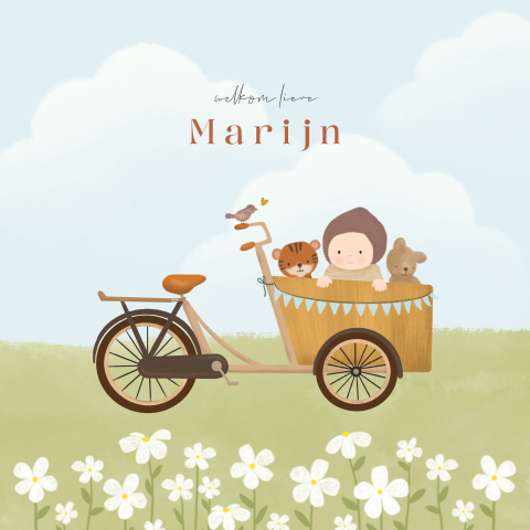Geboortekaartje met een jongen in een bakfiets