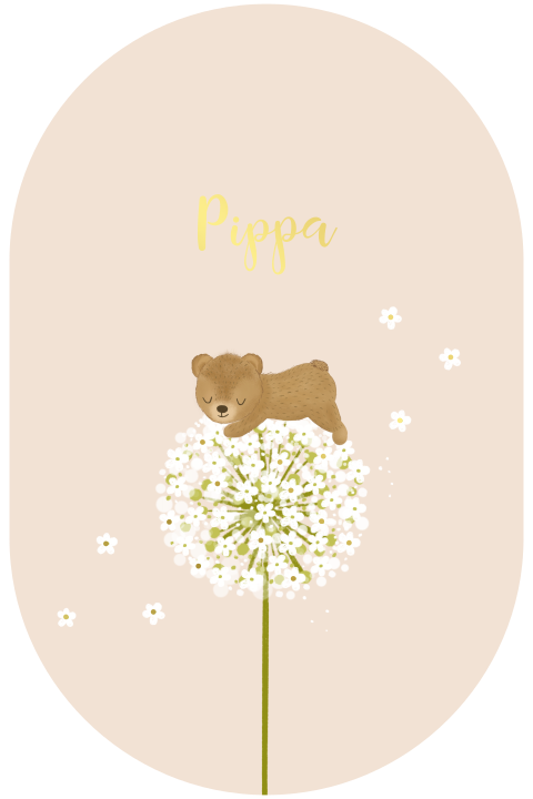 Lief geboortekaartje voor een meisje met pluisbloem en beertje