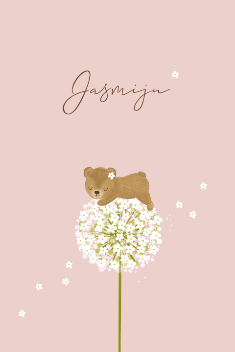 Lief geboortekaartje voor een meisje met beertje op een bloem