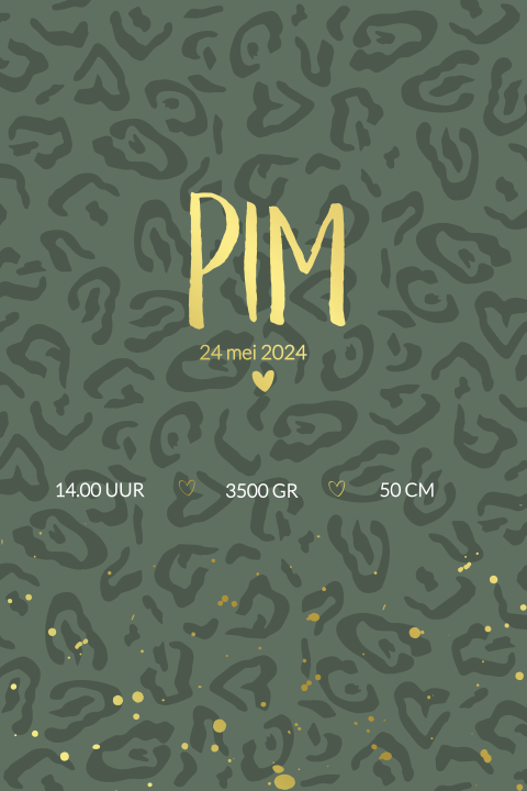 Stoere geboorteposter met panterprint en goudfolie