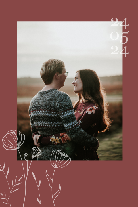 Foto trouwkaart met geïllustreerde bloemen