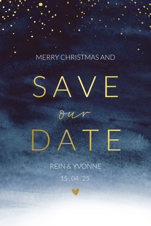 Save the date kerstkaart blauw met spetters