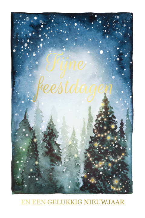 Winterse kerstkaart met kerstbomen en goudfolie