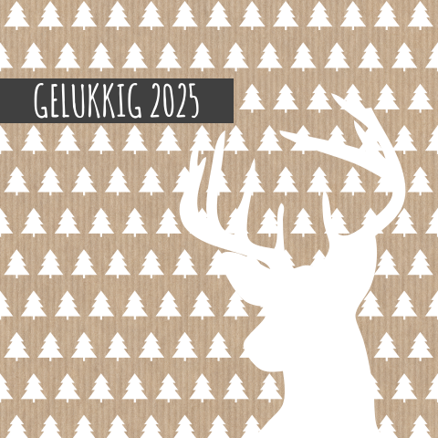 kerstkaart bruin rendier kerstbomen