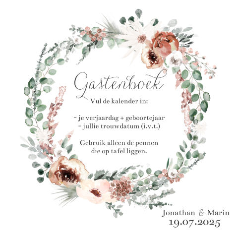 Bordje bij gastenboek kalender met krans