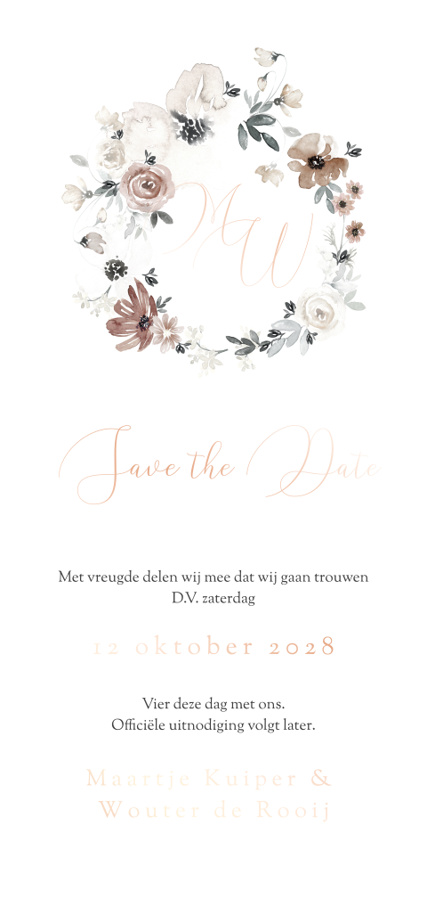 Klassieke Save the Date met bloemen en roséfolie